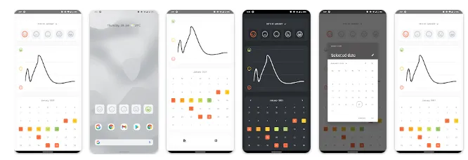 Calm interface showing daily well-being tracking cards with mood and energy selectors